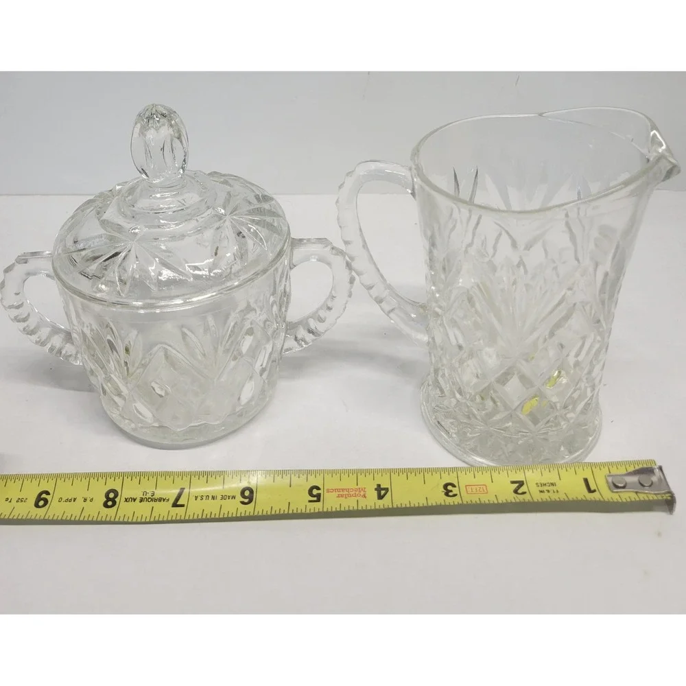 Vintage Clear Pressed Glass Creamer and‎ Lidded Sugar Bowl Set Sunburst Diamond